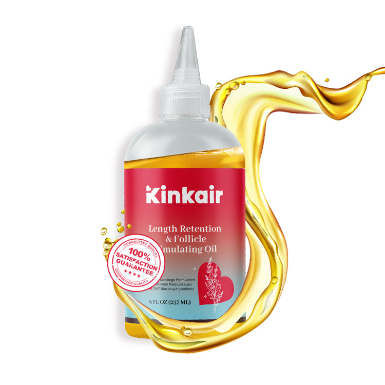 A bottle of Kinkair Hair Oil with a liquid pouring out of it.